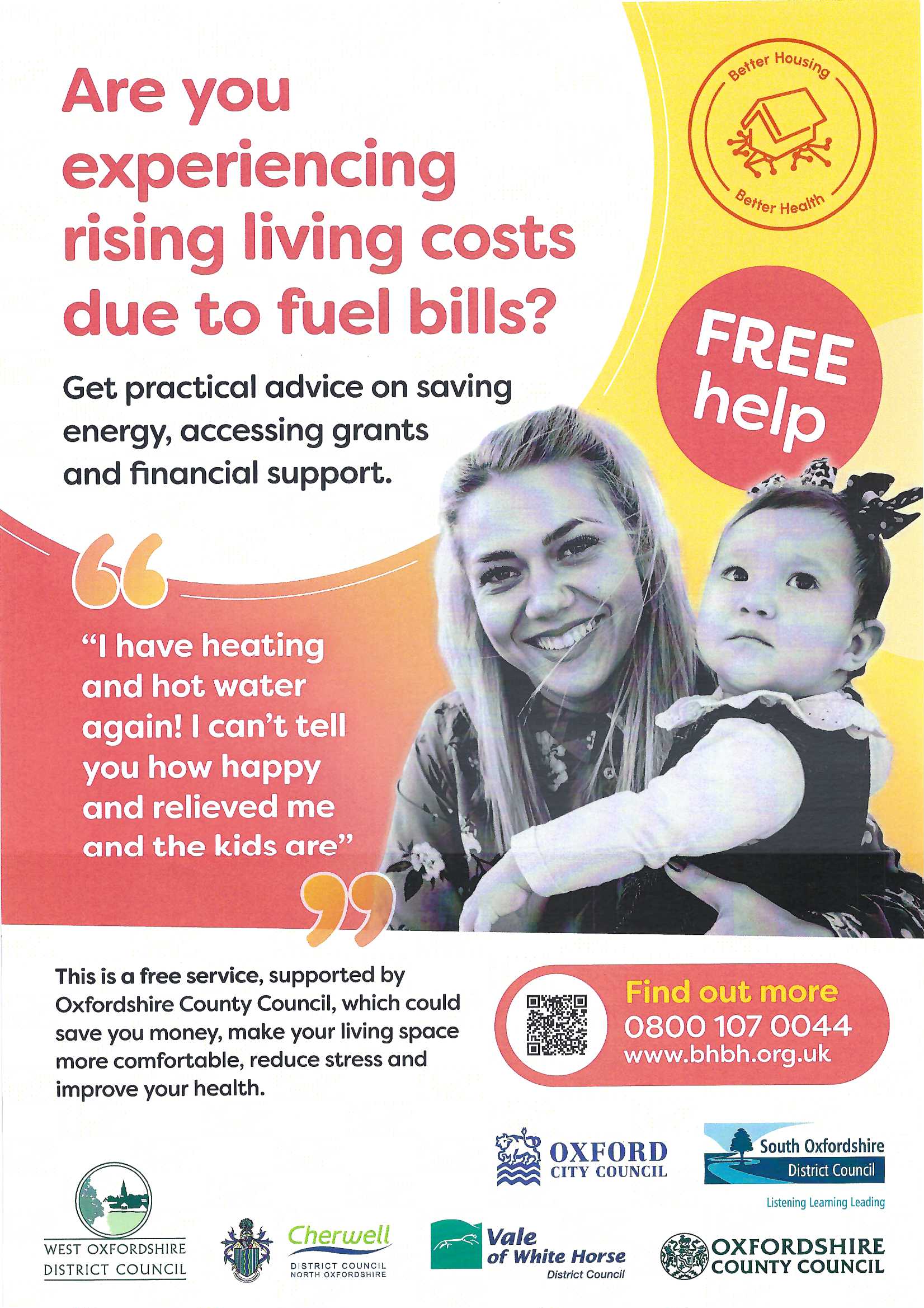 Poster shows a woman carrying a child - are you experiencing rising living costs due to fuel bills. Free help from Oxfordshire County Council